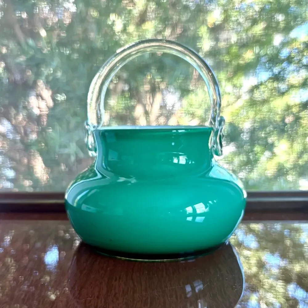 Vintage Polish Green Cased Glass Basket White Interior 7 Inch Vase